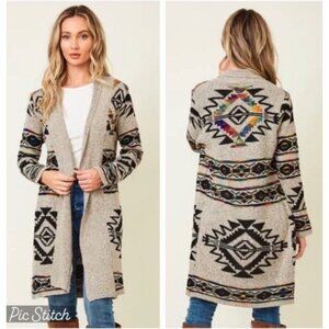 Northern Angel Large Aztec Southwest Boho Open Front Long Cardigan Sweater EUC